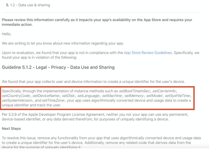 Example of warning from App Store review, based on use of CAID.