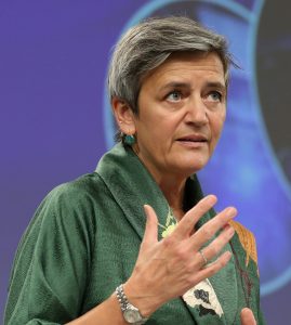 EU Commission EVP Margrethe Vestager attends a news conference in Brussels, Belgium on September 18, 2020.