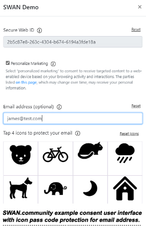 SWAN.community example consent user interface with icon pass code protection for email address.