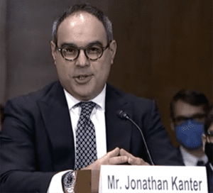 Jonathan Kanter, President Joe Biden’s pick to lead the antitrust division of the Department of Justice, at his nomination hearing on Oct. 6, 2021.