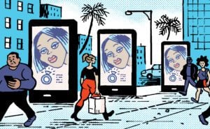 A comic depicting people walking past digital billboard screens in a city