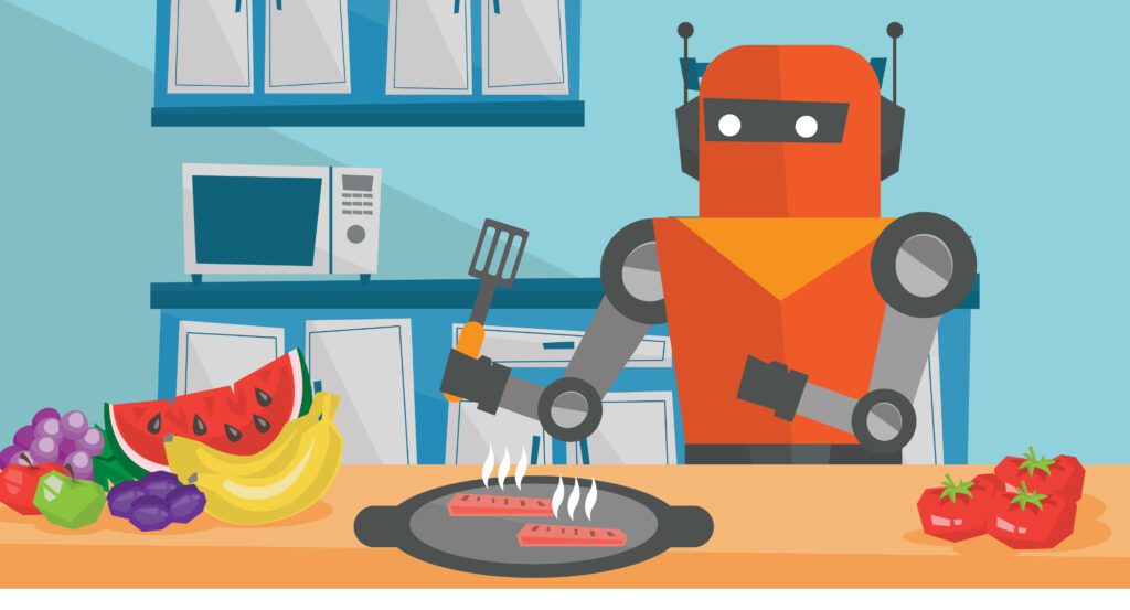 A robot enjoys breakfast.