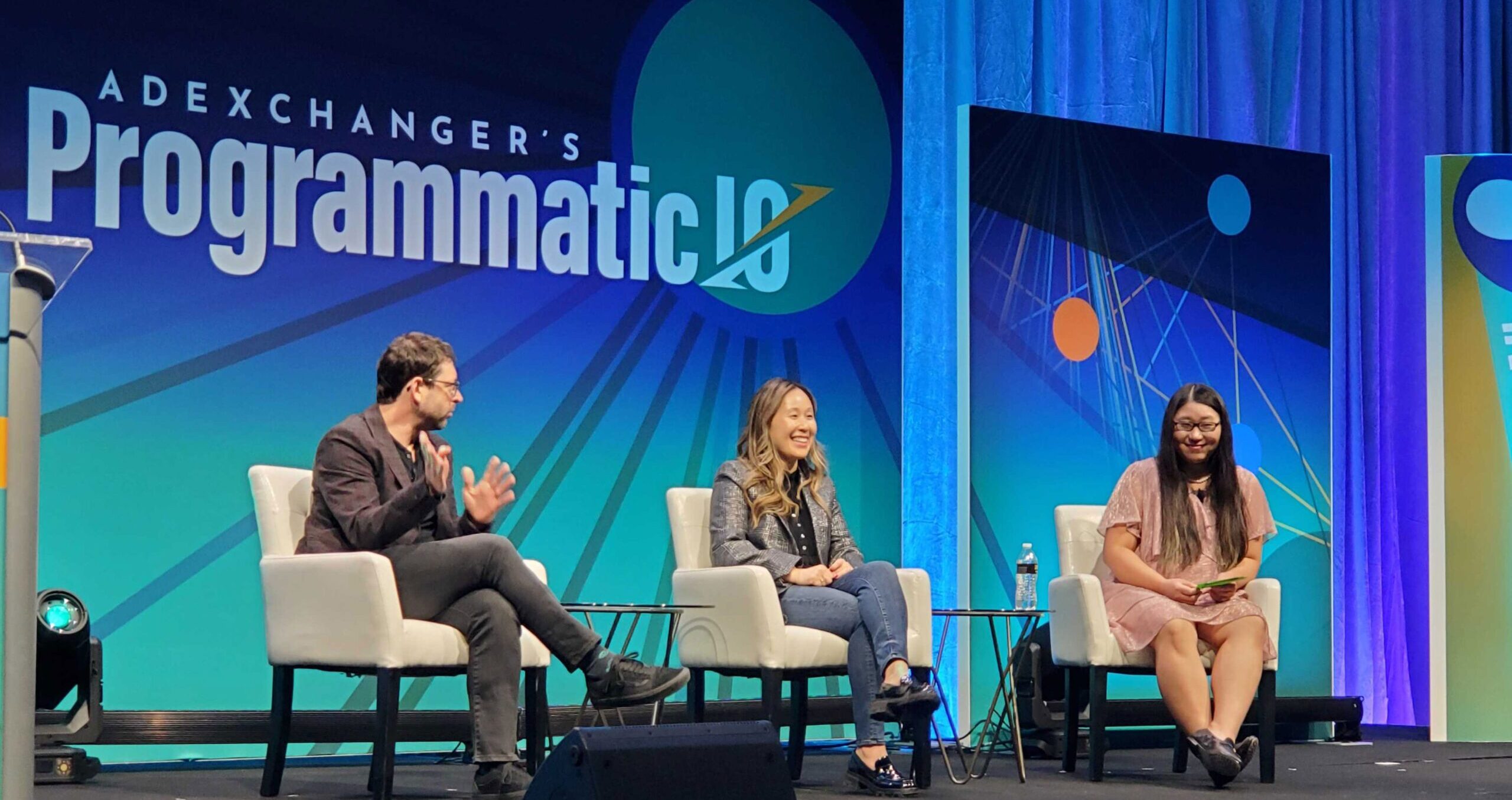 From left: Oleg Korenfeld, CTO at WPP’s CMI Media Group, and Hyun Lee-Miller, VP of media at Good Apple, discuss generative AI with AdExchanger Senior Editor Hana Yoo.