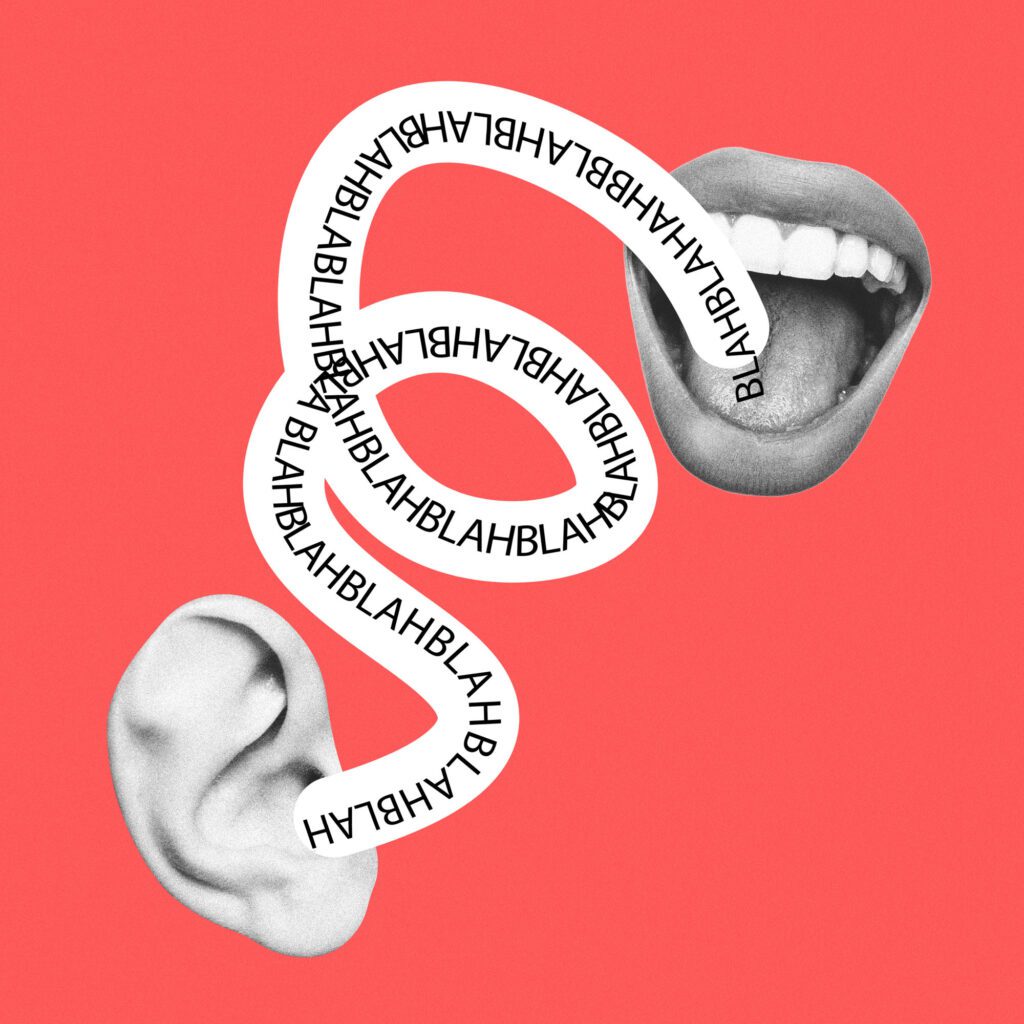 Endless talks about nothing. Female mouth talks to male ear. Modern design, contemporary art collage. Inspiration, idea, trendy urban magazine style. Negative space to insert your text or ad.