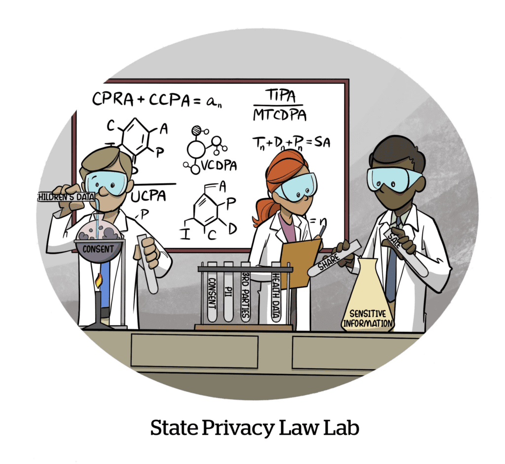 A comic showing lab techs as stand-ins for legislators experimenting with provisions for US state privacy laws.