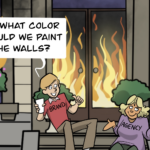 A cartoon showing a marketer and agency standing outside a burning house. "So, what color should we paint the walls?" Caption: Totally Brand Safe