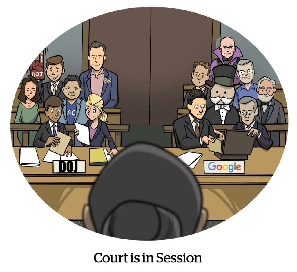 A comic depicting Judge Leonie Brinkema's view of the her courtroom where the DOJ vs. Google ad tech antitrust trial is about to begin. (Comic: Court Is In Session)