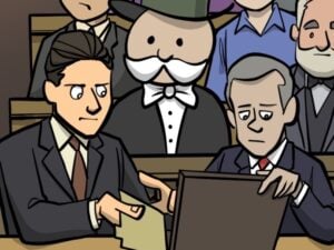 Monopoly Man looks on at the DOJ vs. Google ad tech antitrust trial (comic).