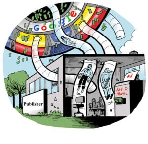 A comic depiction of Google's ad machine sucking money out of a publisher.