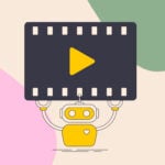 AI-driven video content creation. Automated video editing and procedurally generated animations. AI-generated video content vector illustration with icons. Robot holding movie frame icon