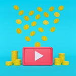 play button with many coins isolated on blue background. The concept of monetization of the video. Making money on video content. minimal style. 3d rendering