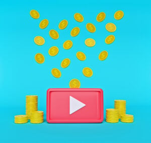 play button with many coins isolated on blue background. The concept of monetization of the video. Making money on video content. minimal style. 3d rendering